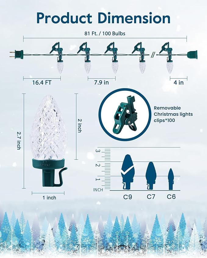 C9 Christmas Lights Outdoor with 100 Spring Clips 81FT 100 LED, C9 String Lights Waterproof Connectable Commercial Grade for Outside House Roof Patio Garden Yard Outdoor Christmas Decorations, White