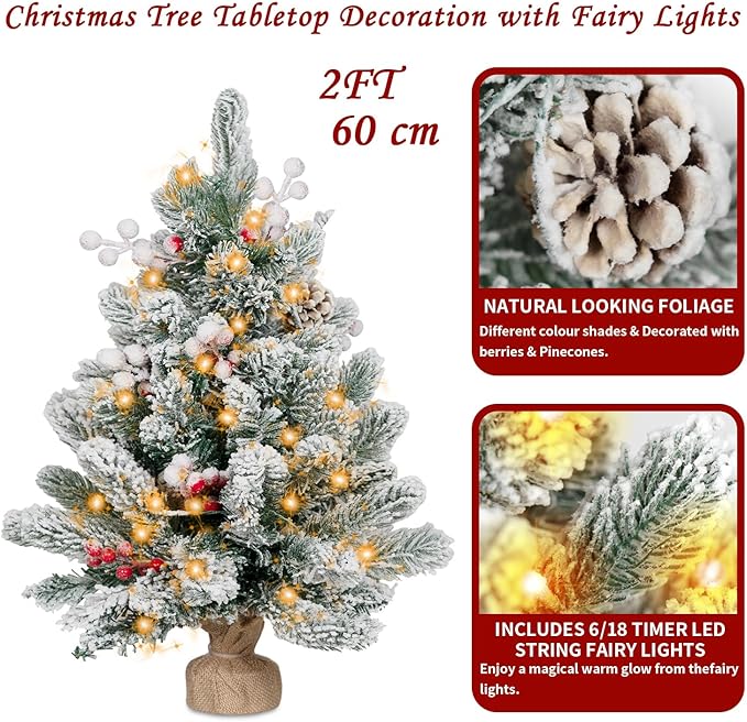 2FT Small Christmas Tree,Flocked Artificial Mini Christmas Tree with Lights,Tabletop Xmas Tree with Ornaments,Christmas Decoration for Party by DNKMOR