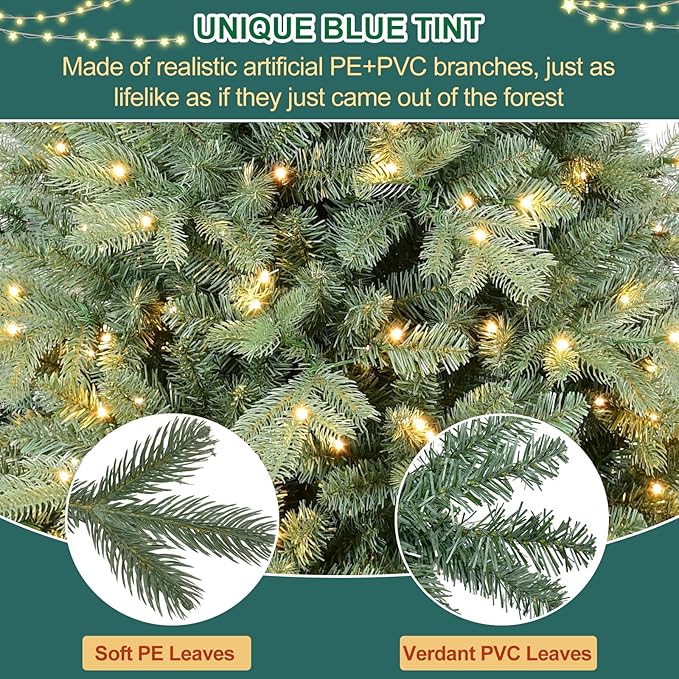 7.5 FT Prelit Artificial Skinny Christmas Tree,Blue Spruce Slim Pencil Xmas Tree with 1755 PE&PVC Mixed Branch Tips,450 UL Listed Clear Lights,Hinged Pine Tree with Metal Stand for Home Office Décor