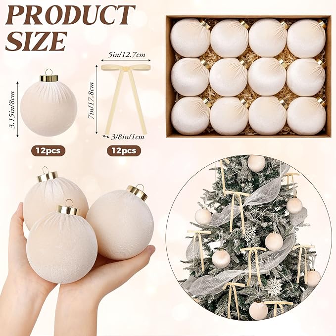 24 Pack Velvet Ornaments for Christmas Tree Decorations, 12 Pcs 3.15 Inch Large Neutral Christmas Ornaments Hanging Flocked Balls and 12 Pcs Velvet Bows for Xmas Tree Holiday Party Decor