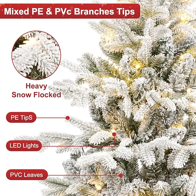 Prelit Flocked Christmas Tree, Artificial Small Christmas Tree with Led Lights, Frosted LED Xmas Tree with Snow (3FT-Lights)