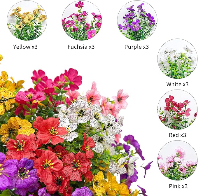 YHJZ Artificial Flowers Plants for Outdoor Indoor Garden Home Decoration Faux UV Resistant Silk Violet Flowers for Outside Planter Front Door Porch Yard Patio Window Box Home Decor(18 Bundles)
