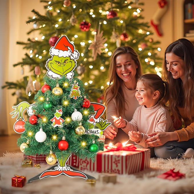 Mini Christmas Tree with Head Arms Legs Tabletop Small Christmas Tree with Lights Thief Body Decorative Ornaments for Home Party Decor