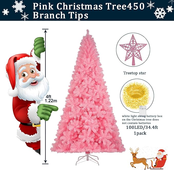KTKDE 4ft Pink Christmas Tree Artificial Tree Decorations with 450 Tips-1pcs Treetop Star 1 Set 100 Led String Lights(Batteries not Include), Small Xmas Tree Indoor Holiday Party Decorations