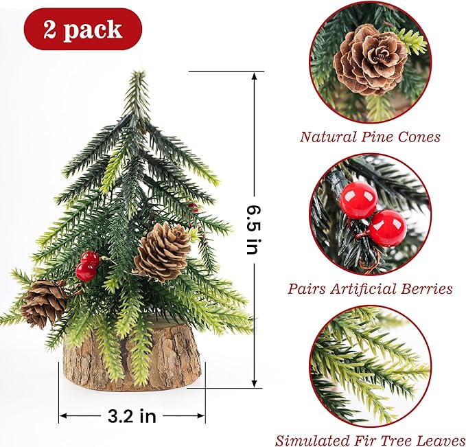 2 Pack Artificial Christmas Tabletop Mini Pine Trees, 6.5 in Tall Lighted Holiday Decorations with Wooden Base, Red Berries, Pine Cones for Home Table Windowsill Office Desk Desk Mantel