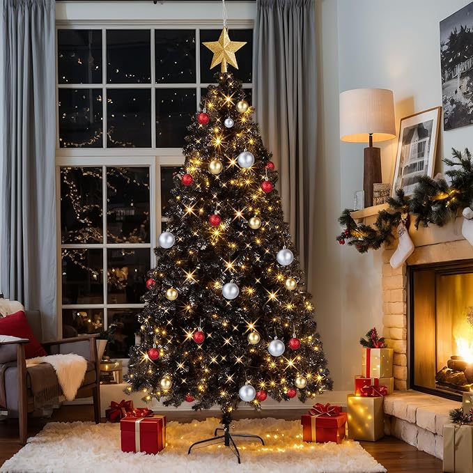 VINGLI 7ft Black Artificial Christmas Pine Tree with 400 Warm White Lights, Pre-Lit Xmas Tree with 1350 Full Branch Tips, Sturdy Metal Stand, 8 Color Modes for Holiday & Party Decor