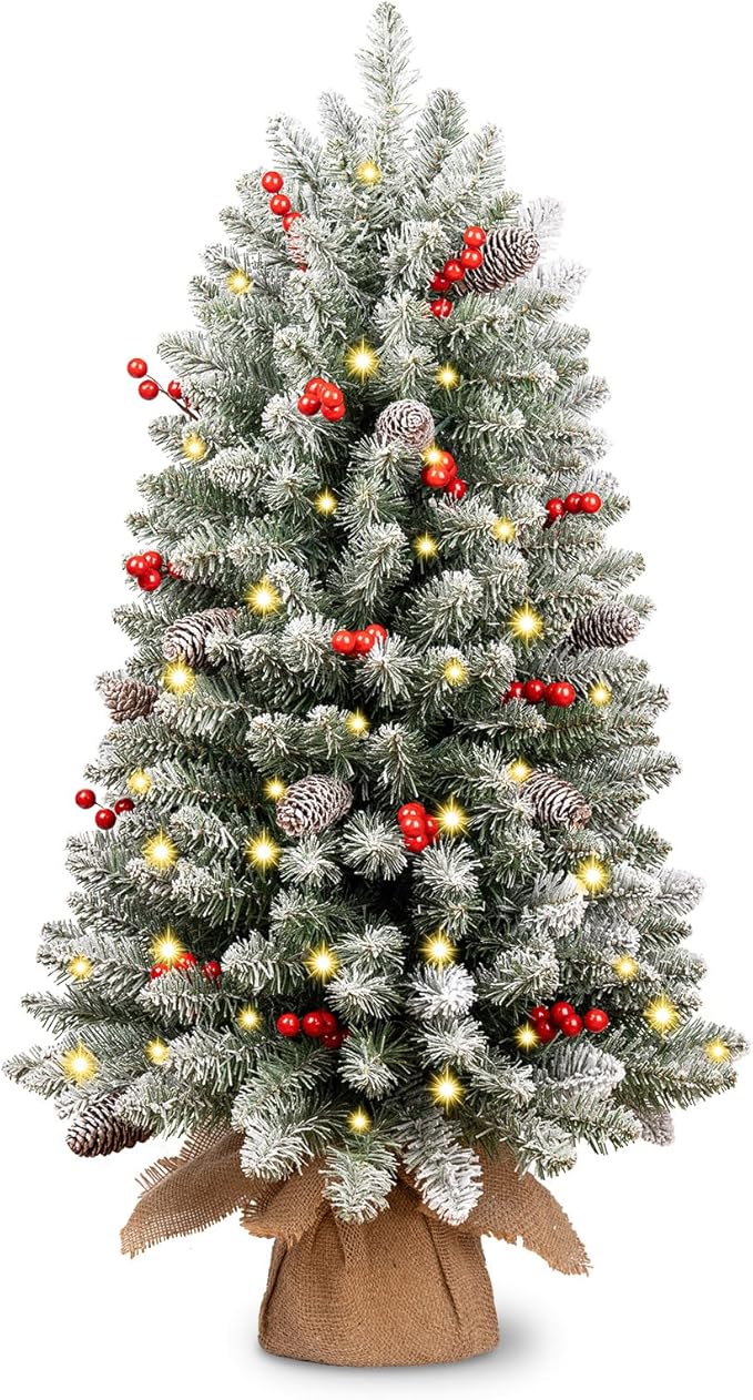 3Ft Pre-lit Tabletop Christmas Tree, Snowy Flocked Christmas Trees, Outdoor Christmas Tree, with 9 Modes LED Lights, Pine Cones & Berries, Battery Operated, for Home Office Desk Decor