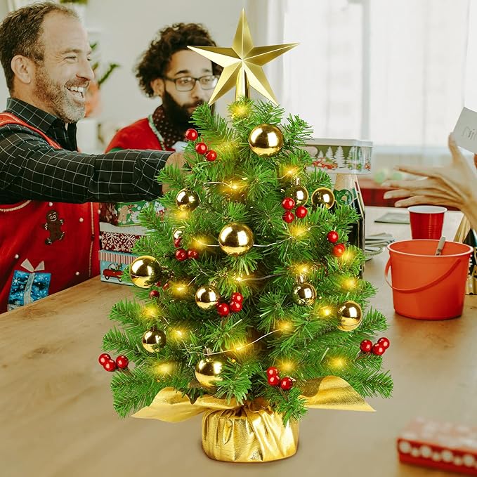 Mini Prelit Christmas Tree, 22" Tabletop Decoration with Warm Lights, Gold Ornaments, Red Berries & Cloth Bag Base
