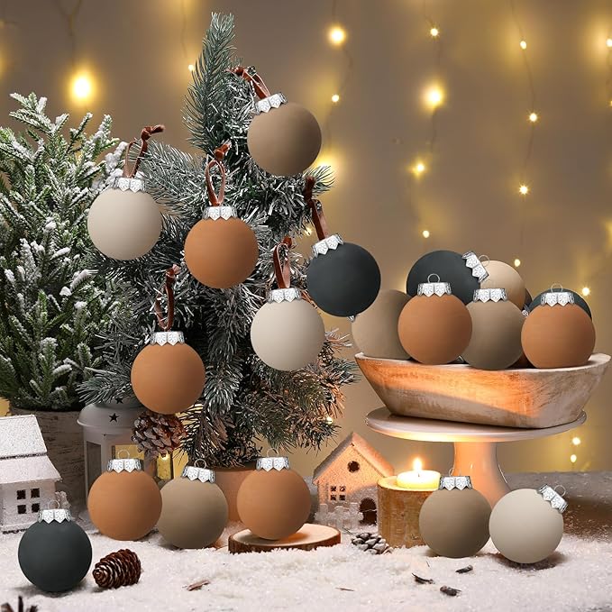 24 Pcs Neutral Matte Christmas Ball Ornaments 2.4 Inch Rustic Boho Brown Black Ivory Terracotta Xmas Bulbs Ornament Vintage Xmas Baubles Modern Christmas Decor for Tree Farmhouse Decor