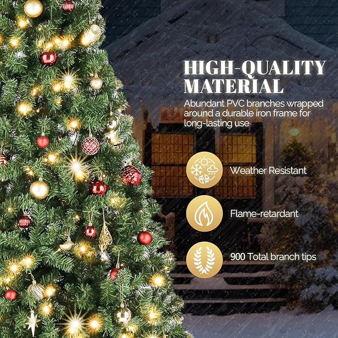 VINGLI 6ft Prelit Artificial Christmas Pine Tree with 250 Warm White Lights, Xmas Tree Holiday Party Decorations with Stabilized Metal Stand, Full 900 Tips Branch, 8 Color Modes, Green