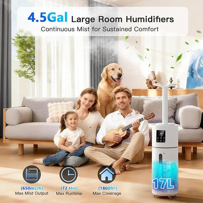Smart Humidifiers for Large Room Bedroom Home 1800 sq.ft, 17L/4.5Gal Large Humidifier with Extension Tube & 3 Mist Modes, Top Fill Whole House Cool Mist Humidifiers for Plant Commercial Office