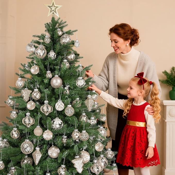 43 PCS Christmas Ball Ornaments Set, Clear Plastic Shatterproof Champagne Christmas Ornaments Hanging Balls Baubles Xmas Tree Decorations for Holiday Home Indoor Wedding Party Decor