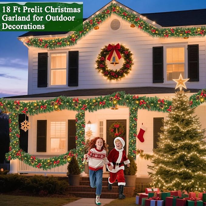 Remote Control 18 FT Extra Long Prelit Christmas Garland with 480Thick Branch Tips Pinecones & Red Berries, 100 Warm White & Multicolor LED Lights 8 Modes Timer for Stairs Mantel Doorway Decor