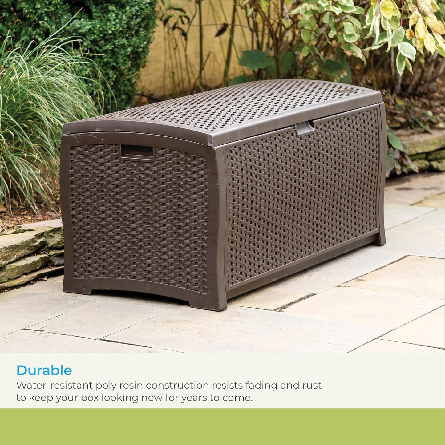 Suncast DBW9200 99 Gallon Outdoor Wicker Plastic Patio Storage Chest Bin with Handles for Patio, Garden, Garage, or Pool for All Weather, Mocha