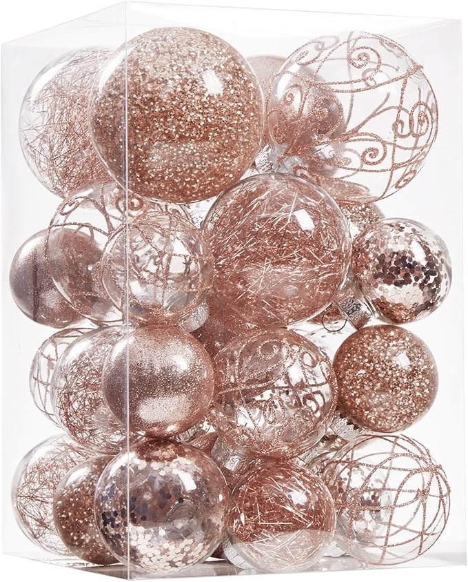 Wironlst Christmas Ball Ornaments Shatterproof Clear Large Plastic Hanging Ball Decorative Baubles Set with Stuffed Delicate Decorations (Multi-Size, Rose Gold)