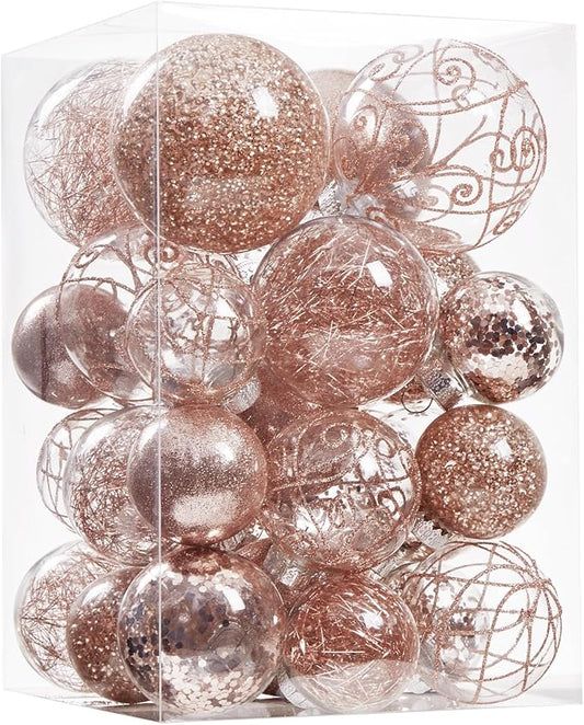 Wironlst Christmas Ball Ornaments Shatterproof Clear Large Plastic Hanging Ball Decorative Baubles Set with Stuffed Delicate Decorations (Multi-Size, Rose Gold)