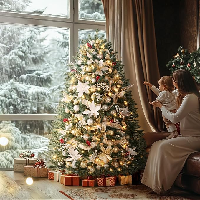 6ft Pre-lit Christmas Tree Hinged Blue Spruce Artificial Christmas Tree with 600 Clear Lights,1668 Branch Tips