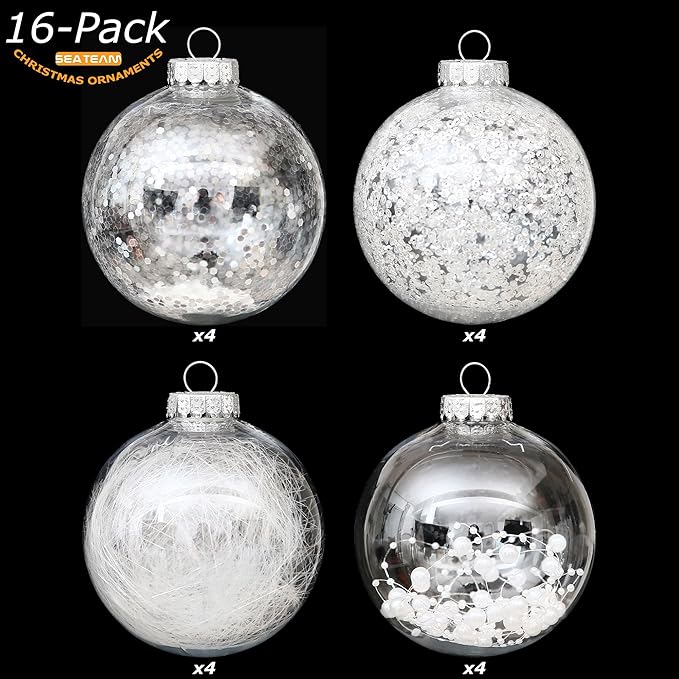 Sea Team Shatterproof Clear Plastic Christmas Ball Ornaments Decorative Xmas Balls Baubles Set with Stuffed Delicate Decorations (100mm/3.94''/16-Pack, White)