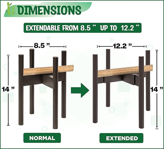 ZPirates Plant Stand Indoor, Outdoor - Adjustable Sideways to Support 8 to 12-Inch Small to Large Planter Pot and Flower Vase Holder - Leg Length 14-inch - Dark Bamboo Wood