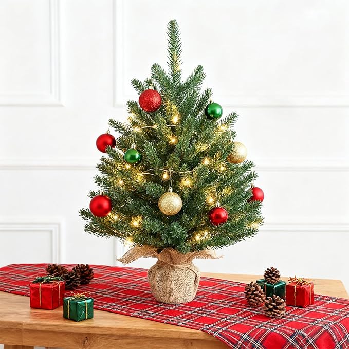 ELYKEN 22'' Mini Christmas Tree with LED Lights, Small Tabletop Artificial Christmas Xmas Holiday Party Decorations for Desk, Indoor Decor