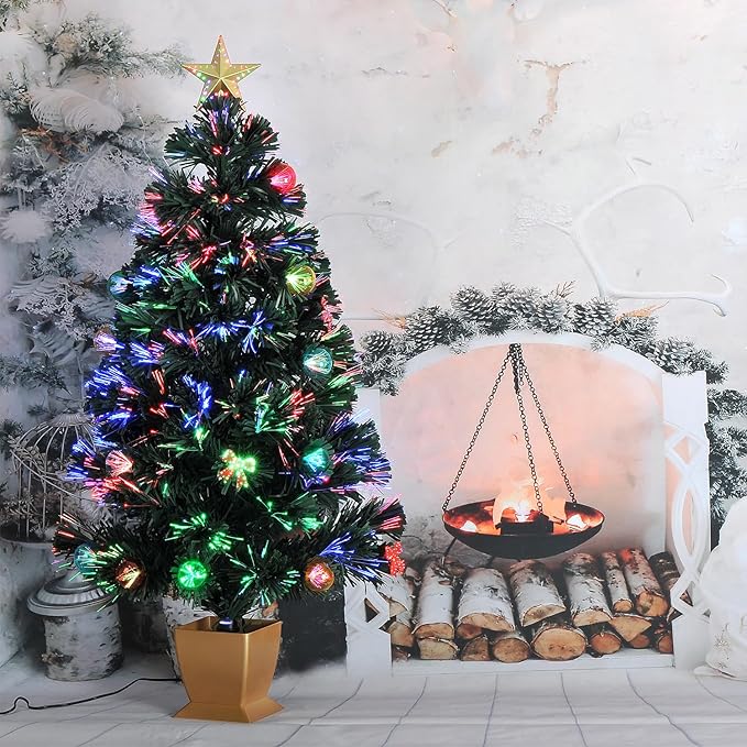 3ft Green Fiber Optic Christmas Tree,Prelit Artificial Tabletop mini Christmas Tree,Star,Butterfly and Ball Ornaments for Best Holiday Home Decorations