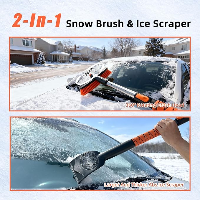 45" Extendable Snow Brush and Ice Scrapers for Car Windshield [360° Rotating Snow Brush Head] Military-Grade Sturdy Ice Scraper for Sedans, SUVs and Trucks Easy Storage Orange
