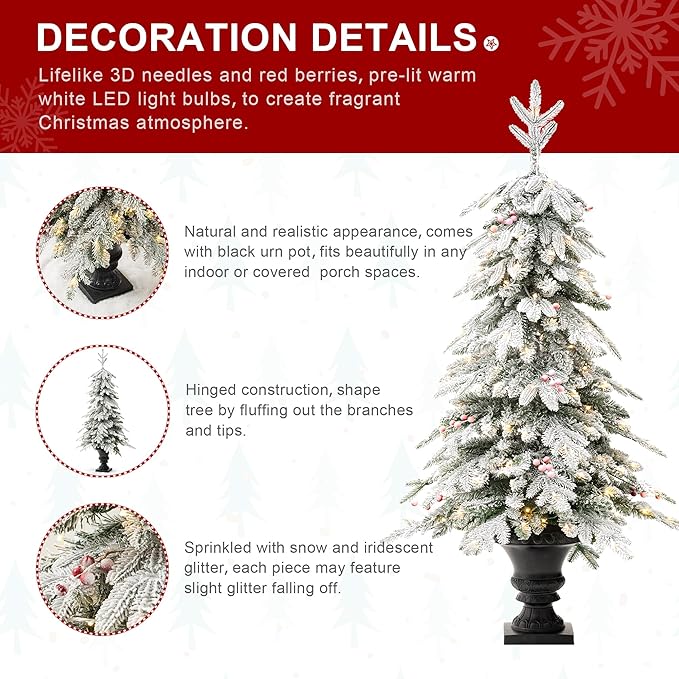 Glitzhome Christmas Porch Tree Set of 2, 5ft Prelit Artificial Christmas Tree with 150 Warm White Lights and 480 PE&PVC Branch Tips, Flocked Potted Christmas Tree for Xmas Indoor Outdoor Decor