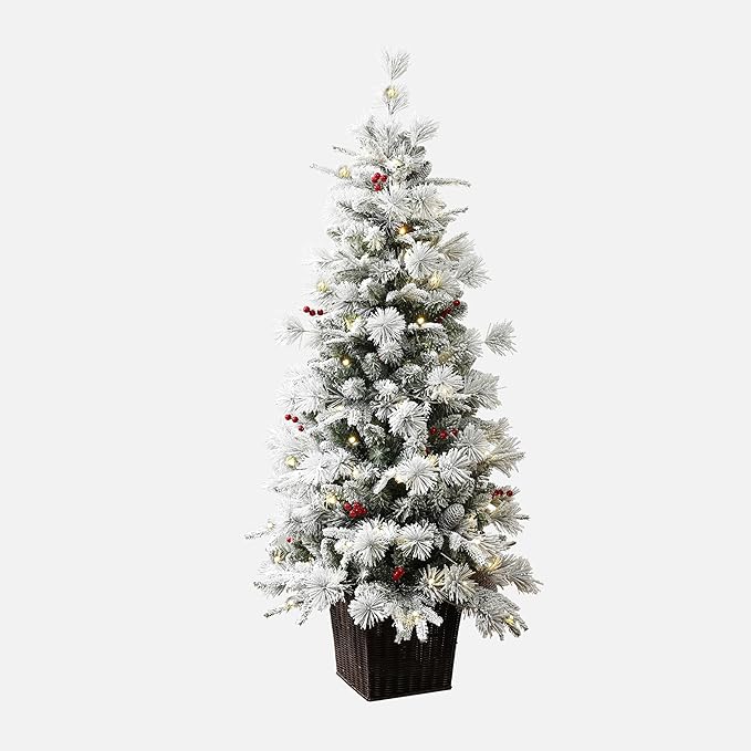 LuxenHome 4.5FT Small Potted Christmas Tree, Prelit Flocked Christmas Tree with 100 LED Lights and Artificial Trees with Red Berries, Lighted Pine Trees for Indoor, Outdoor Holiday Display