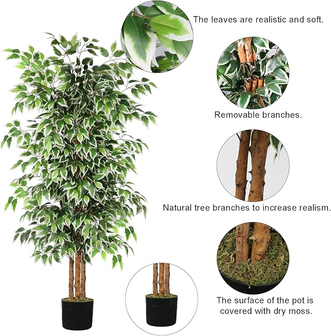 GTIDEA 6ft Artificial Tree Ficus, Tall Faux Trees Indoor with Natural Trunk and Fake Silk Tree Fake Plants for Home Spring Decor Living Room Outdoor Balcony House Office (Included Dried Moss)