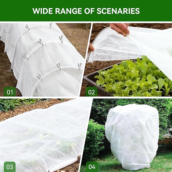 10 FT x 33 FT Plant Covers Freeze Protection kit - 1.8 oz/yd² Thickened Frost Cloths Blankets with Garden Row Cover Accessories for Outdoor Plants, Protect in Winter Cold/Sun Pests (White)