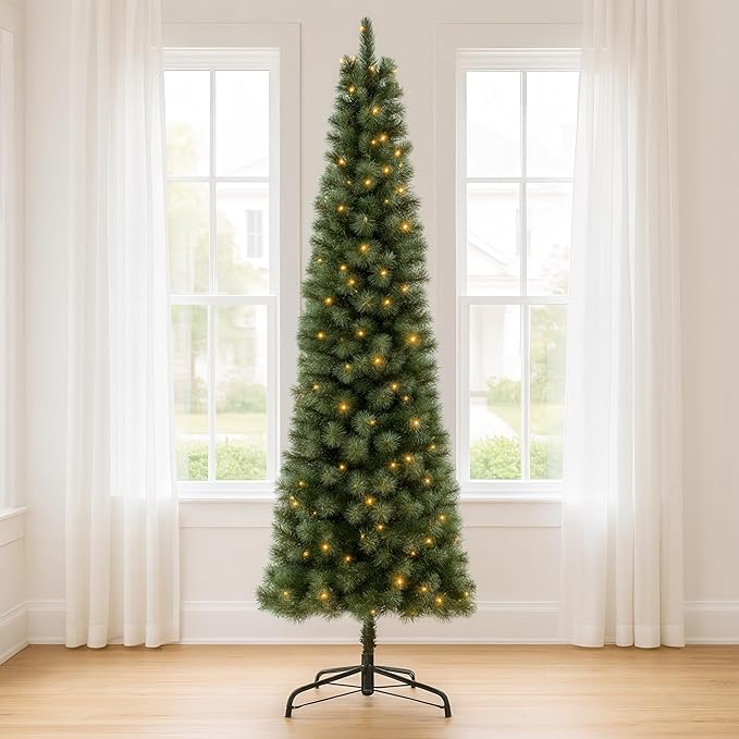6ft Pencil Christmas Tree with Lights – Pre-Lit Slim Christmas Tree with 250 Warm White LEDs, 299 Tips Brockton Cashmere Pine, Hinged Branches, Slim Tree for Small Spaces