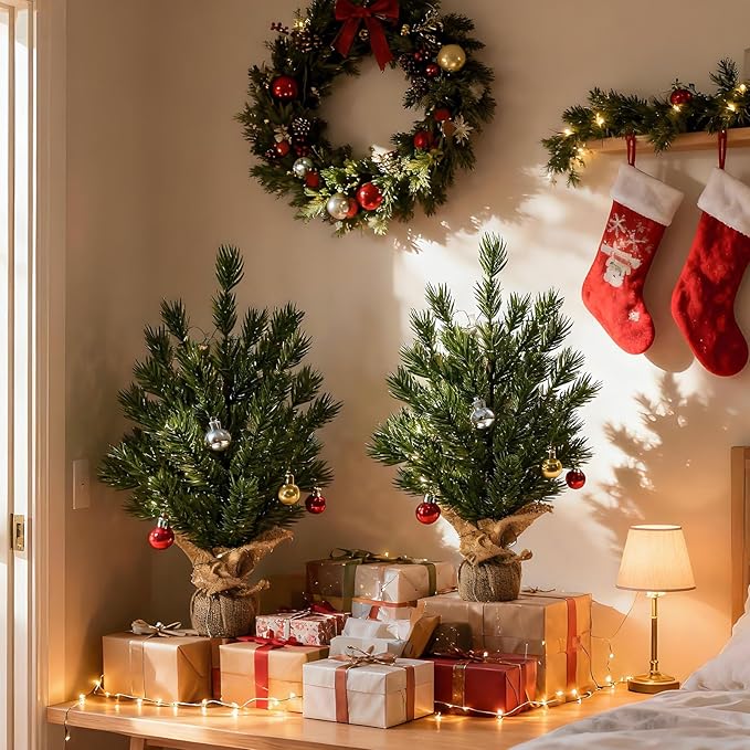 LACHARM 2 Pack 16 Inch Mini Christmas Tree, Tabletop Christmas Tree with Battery Operated Copper Lights and Hanging Ornaments, Small Xmas Tree for Home, Office, Kitchen Table Christmas Decoration