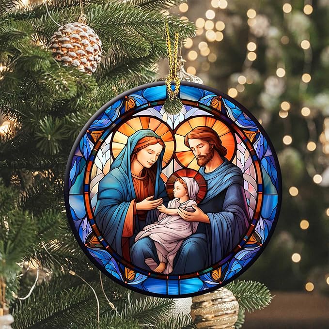 Nativity Scene Ornaments Nativity Night Round Ceramic Stained Glass Style Birth of Jesus Christ Hanging Ornament Christmas Keepsake Decor for Xmas Tree Winter Holiday Xmas Gift for Women Men 3"