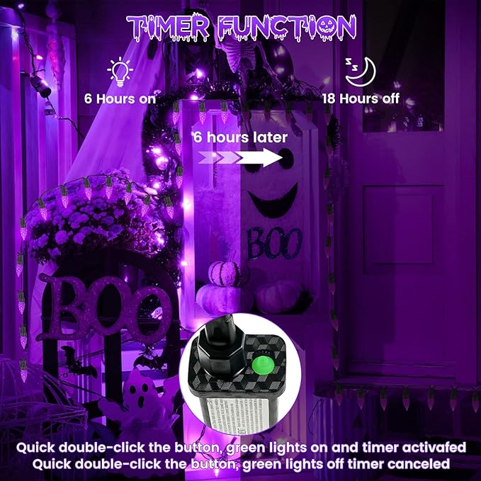 2 Pack C6 Christmas Lights Outdoor Indoor, Total 200 LED 66 FT Connectable Christmas String Lights with Timer & 13 Modes, Waterproof Twinkle Light for Xmas Tree Yards Party Wedding Decorations(Purple)