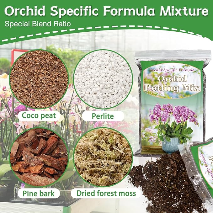 Orchid Potting Mix 2 Quarts, Mixture of Moss Pine Bark Coco Peat and Perlite, HOUNANG Orchid Bark Potting Mix, Orchid Repotting Kit Suitable for Plant Root Expansion and Good Drainage
