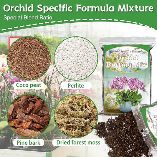 Orchid Potting Mix 2 Quarts, Mixture of Moss Pine Bark Coco Peat and Perlite, HOUNANG Orchid Bark Potting Mix, Orchid Repotting Kit Suitable for Plant Root Expansion and Good Drainage