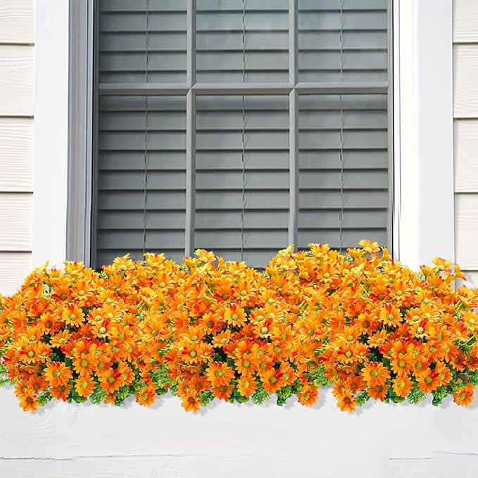 10pcs Outdoors Artificial Mum Flowers UV Resistant Daisy Fake Silk Chrysanthemum Greenery Faux Eucalyptus Plants for Spring Summer Garden Patio Window Box Planter Home Decor(Orange)