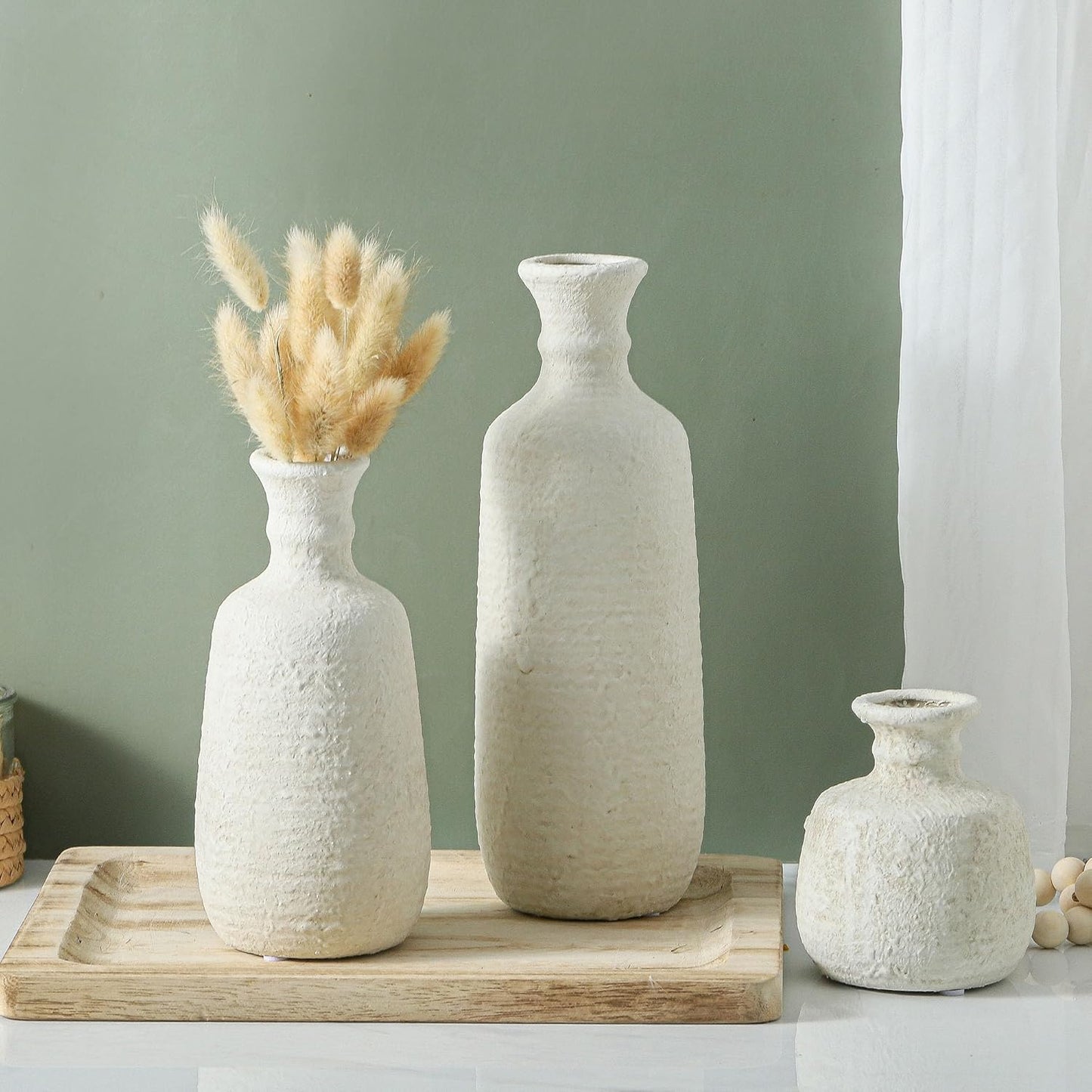 Ceramic Vase Set of 3, Neutral Rustic Vases Home Decor Farmhouse Decorative Vase Whitewashed Pottery Decor Boho Modern for Table Mantel Entryway Bookshelf Living Room Kitchen Bathroom Bedroom - White