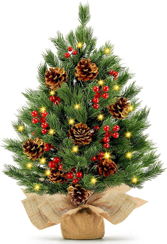 [ 8 Modes & Timer] 24 Inch Realistic Tabletop Christmas Tree Small Christmas Tree with 50 Warm Lights Battery Operated Red Berries Pine Cone Burlap Base Indoor Home Table Christmas Decorations