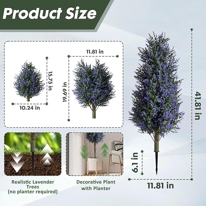 MGWILL 3FT Artificial Lavender Topiary Tree, Set of 2 Artificial Shrubs Fake Bushes with Spike, Faux Lavender Plants for Porch, Artificial Plants for Outdoor Planters Indoor UV Resistant