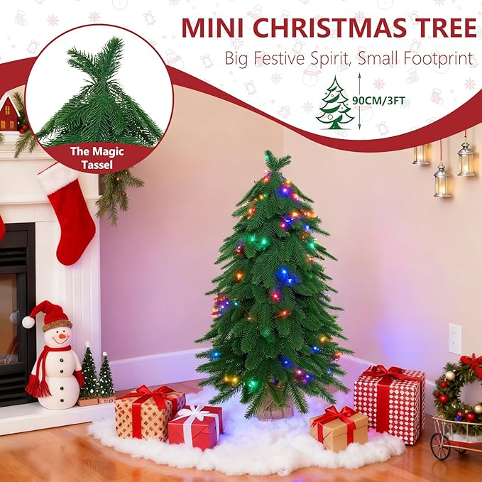 3ft Small Mini Christmas Tree for Tabletop, 1PC Artificial Desktop Christmas Tree with Norfolk Pine Top Design, Small Xmas Tree with Burlap Base for Table Desk Home Christmas Decor