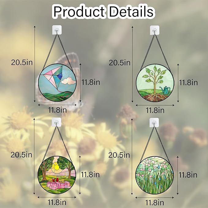 Stained Glass Window Hanging 4 Pcs Set Pink Green Spring Saplings Flowers Large 11.8" - Suncatcher Door Garden Sun Catcher Home Decor Mother's Day for Woman Nana Mom Men