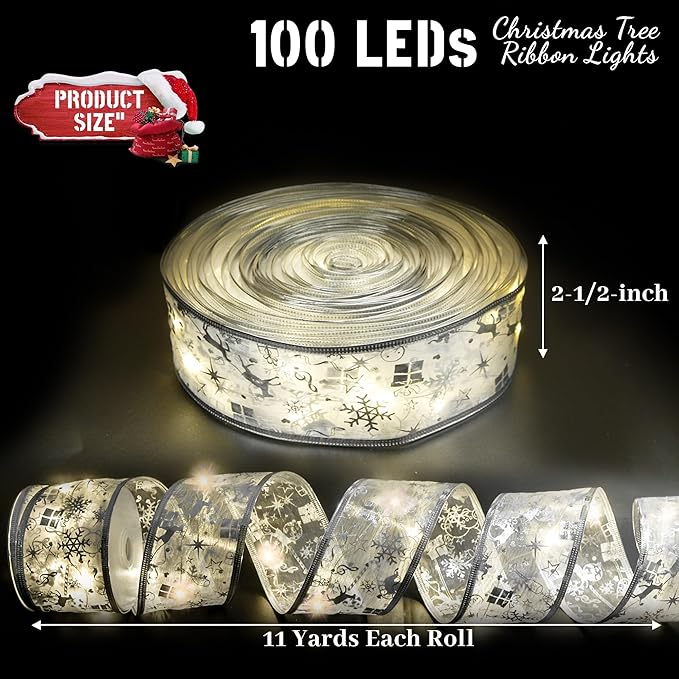 Christmas Decorations, 2.5Inch x 33Ft 100 Led Christmas Tree Ribbon Lights with Remote Control, Battery Operated & USB Powered 8 Lighting Modes Fairy String Lights with Timer for Xmas Decor