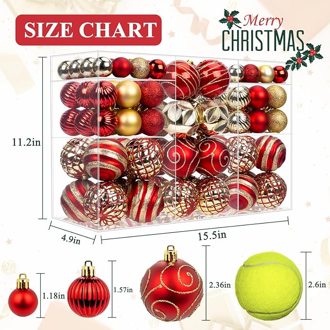 100 Pack Red and Gold Christmas Ball Ornaments Set, Hand-Painted Shatterproof Hanging Decorations, Assorted Baubles Bulk for Xmas Tree Wreath, Winter Holiday Home Party Decor
