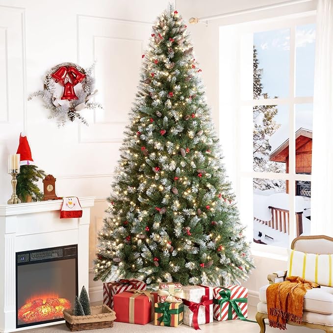 Vancouver 7.5ft Frosted Prelit Artificial Christmas Tree with Pine Cones,Faux Berries, Foot Pedal, 1346 Branch Tips,550 Warm Lights & Metal Stand, 53" Wide Realistic Decorated Spruce Christmas Tree