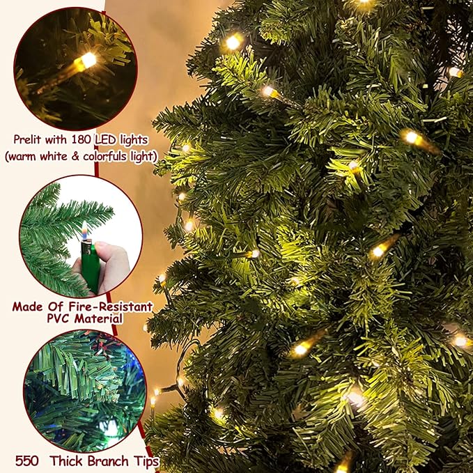 5 Ft Prelit Pencil Artificial Christmas Tree with Timer 180 LED Warm White & Colorful Change Lights 8 Modes Plug in 550 Branch Tips Metal Stand Slim Tree Xmas Decor Indoor Outdoor
