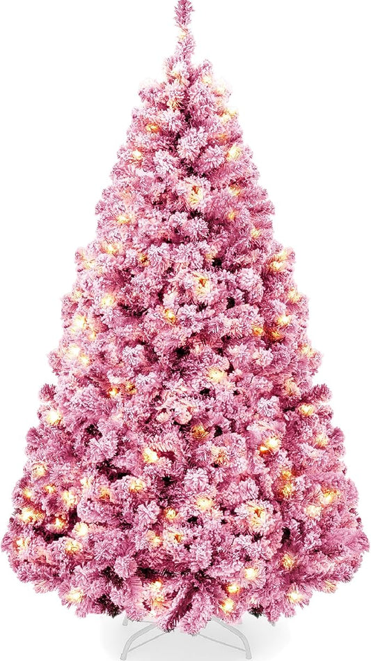 Best Choice Products 7.5ft Pre-Lit Pink Christmas Tree, Artificial Snow Flocked Full Fir Tree, Holiday Decoration w/ 550 Lights, 1,346 Branch Tips, Foldable Metal Base