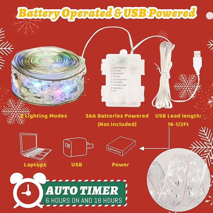 Christmas Decorations, 2.5Inch x 33Ft 100 Led Christmas Tree Ribbon Lights with Remote Control, Battery Operated & USB Powered 8 Lighting Modes Fairy String Lights with Timer for Xmas Decor