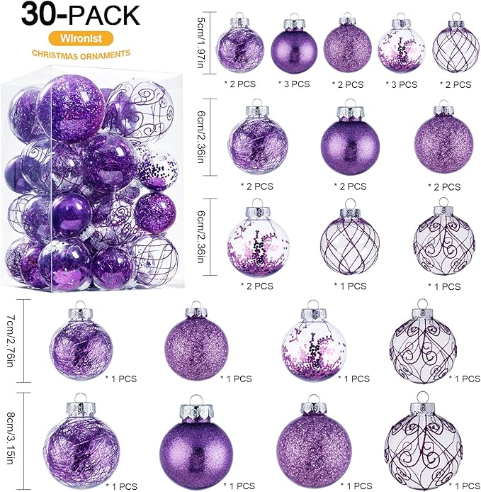 Wironlst Christmas Ball Ornaments Shatterproof Clear Large Plastic Hanging Ball Decorative Baubles Set with Stuffed Delicate Decorations (Multi-Size, Purple)