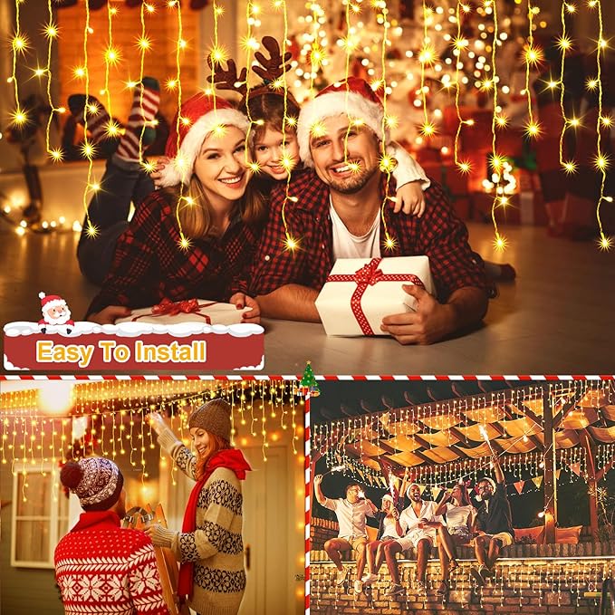 131 FT 1280 LED Christmas Lights Outdoor Decorations Super Long Clear Wire String Lights Plug in 240 Drops 8 Modes Memory Timer Curtain Fairy Lights Waterproof for Holiday Wedding Party-Warm White